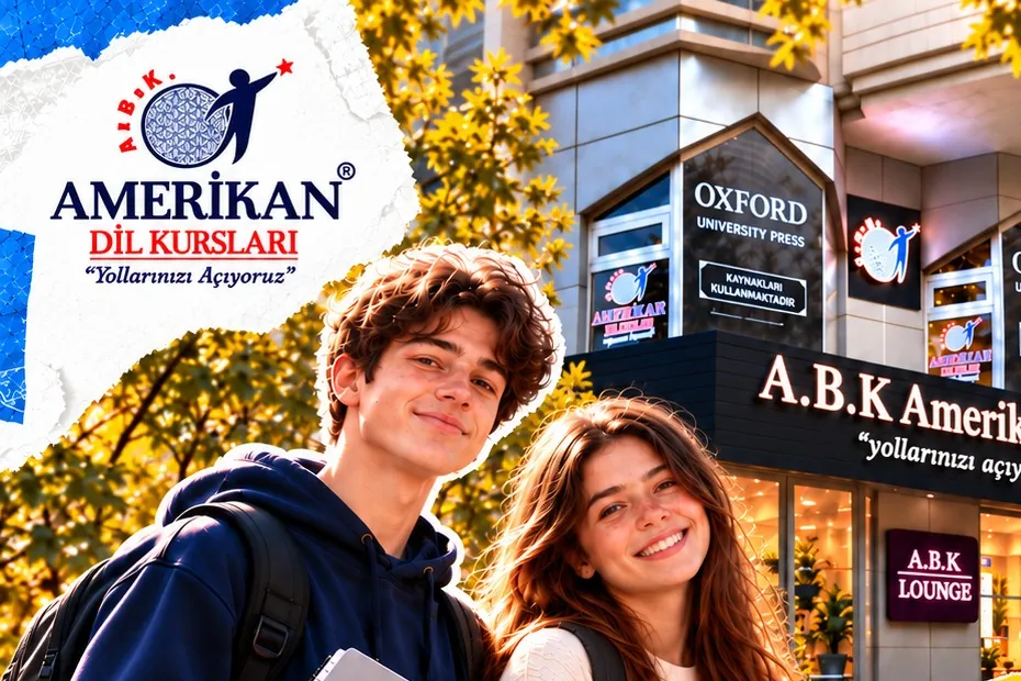 ABK Amerikan Dil Kursları binası önünde gülümseyen iki genç, ABK TeenZone tanıtım görseli